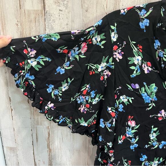 Anthropologie Maeve Floral Flutter Sleeve Black Button Down Shirt - Picture 4 of 7